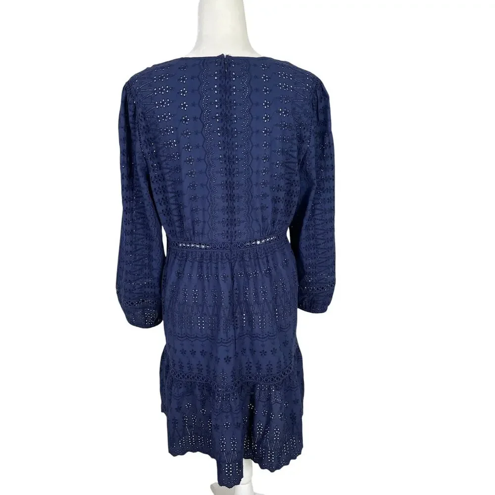 J. Crew Cotton Eyelet Lace Flutter Hem Dress Navy Blue Sz 12 Boho Chic Romantic